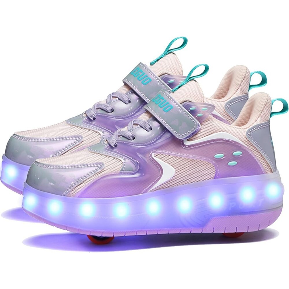 Kid's Girls Purple USB Chargable LED Lighting Roller Wheeled Skate Sneaker Shoes